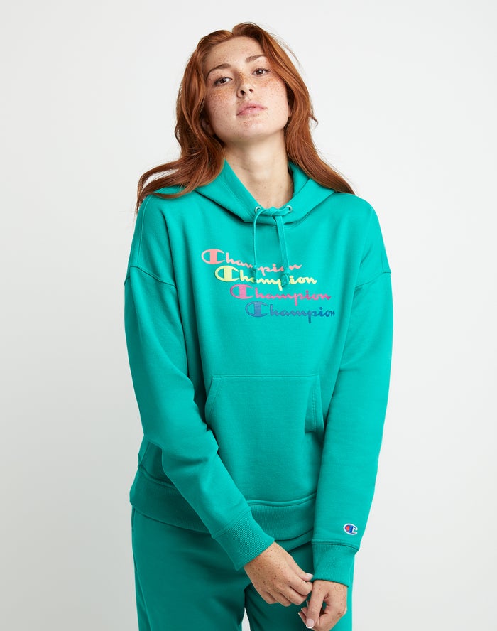 Champion Hoodie Dames - Turquoise - Powerblend Fleece Relaxed Stacked Scripts Logo ( 980173-YOI )